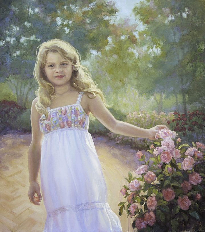 A painting of a girl with blonde hair in a garden.